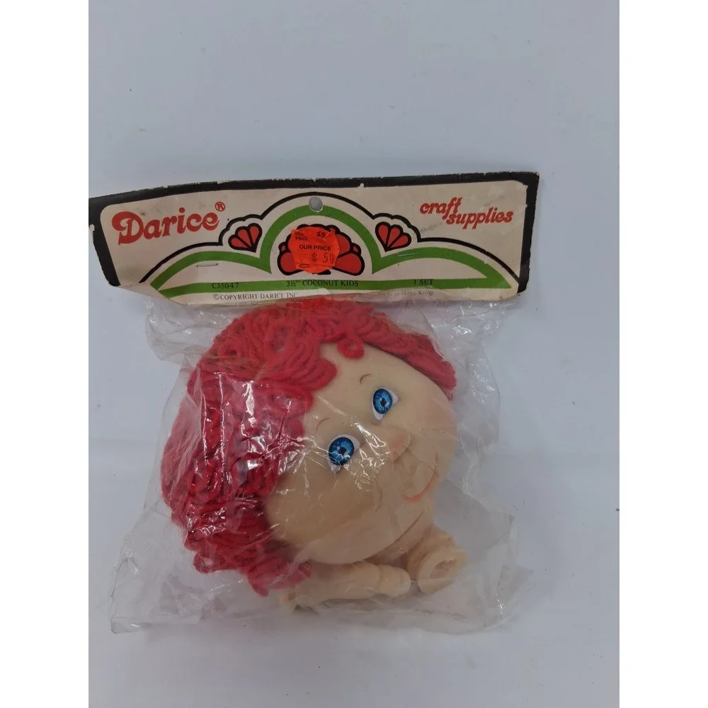 Vintage Darice Coconut Kids Doll Head and Hands Set Red Yarn Hair C35047 NEW. Y